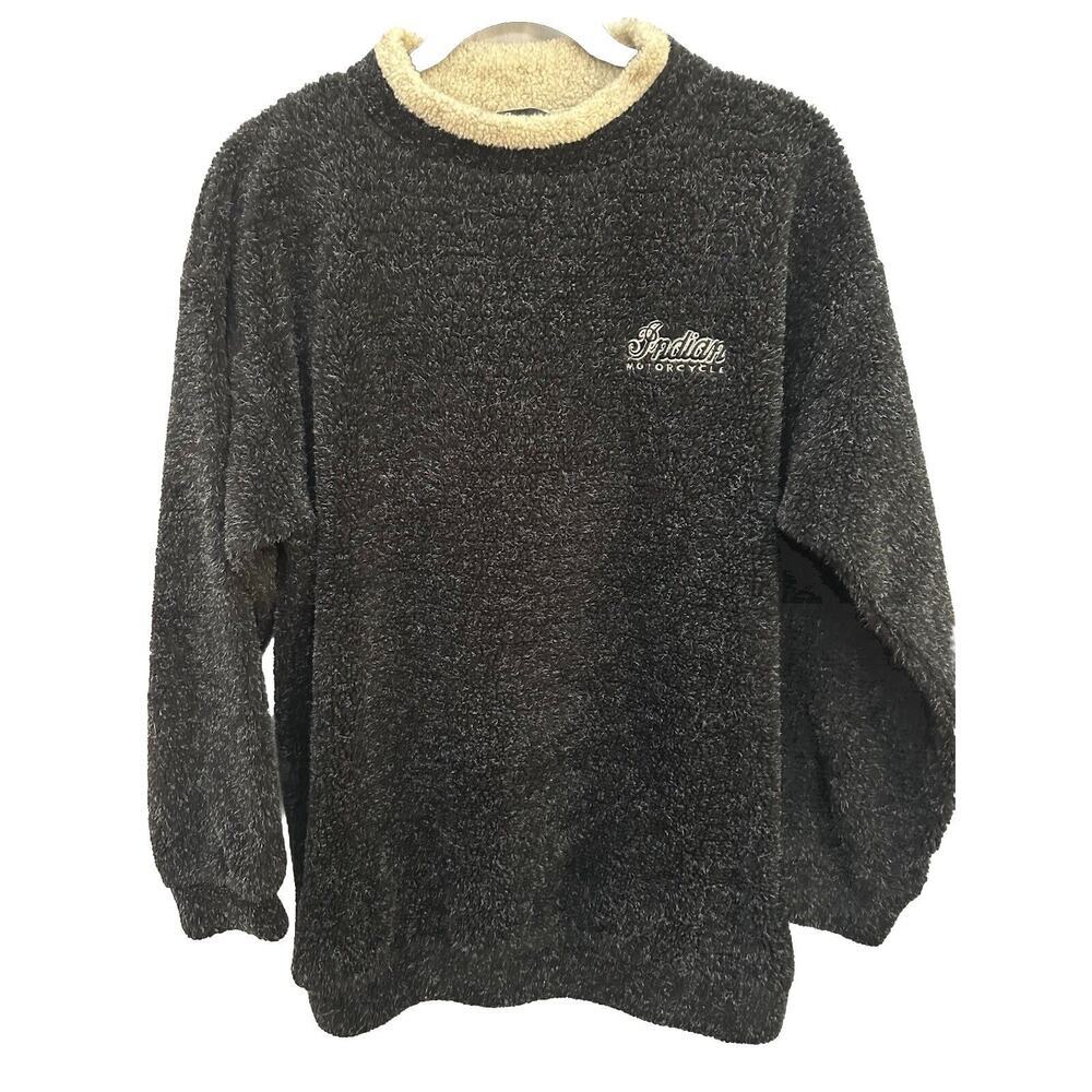 Vtg Indian Motorcycle Sherpa Fleece Men's Crewneck Sweatshirt Jacket Black Sz L